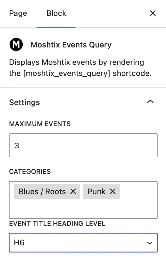 Moshtix WordPress Events Query, 3 Posts Blues And Punk Categories, H6 Headings