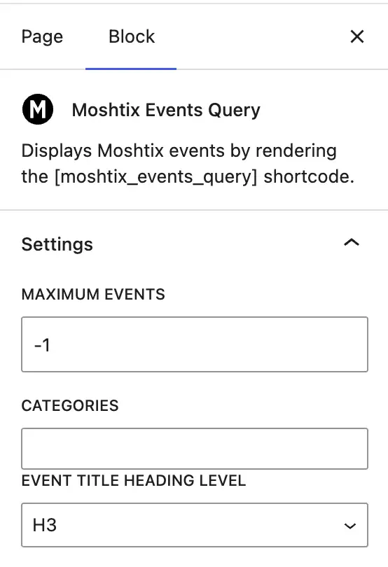 Moshtix WordPress Events Query H3 Headings