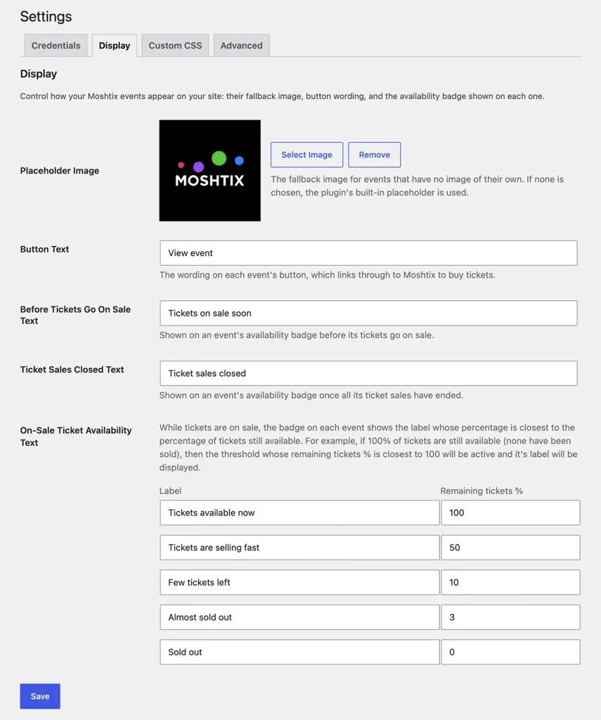 Wordpress Moshtix Integration Settings